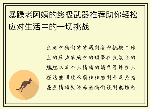 暴躁老阿姨的终极武器推荐助你轻松应对生活中的一切挑战